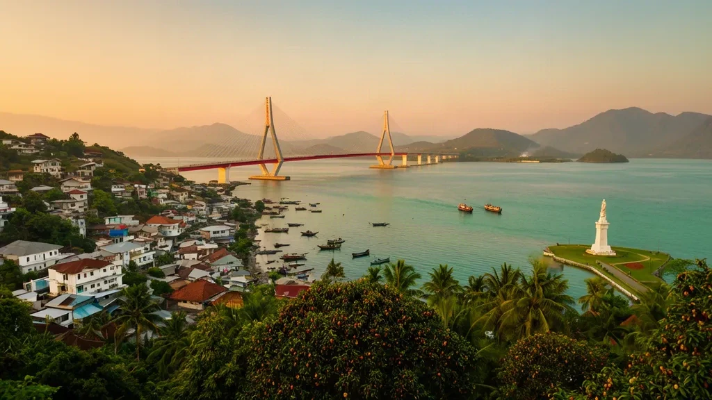 La Baia di Ambon e il suo ponte rosso e bianco durante l'ora d'oro, con i quartieri cittadini sulle colline e le barche da pesca nelle Molucche, Indonesia