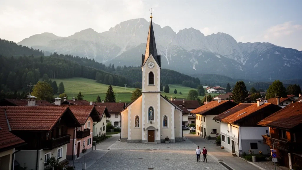 Dorfkirche und rote Dächer von Cerklje na Gorenjskem in Slowenien unter den Kamnik-Savinja-Alpen zur goldenen Stunde