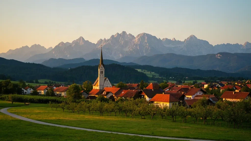 Pueblo alpino de Cerklje na Gorenjskem en Eslovenia con la aguja de su iglesia, campos verdes y las estribaciones de la montaña Krvavec en la hora dorada