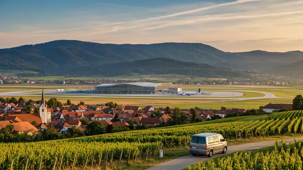 Blick zur goldenen Stunde über Hoče–Slivnica, Slowenien, mit Weinbergen, den Pohorje-Hügeln und dem Flughafen Maribor Edvard Rusjan im Tal darunter.
