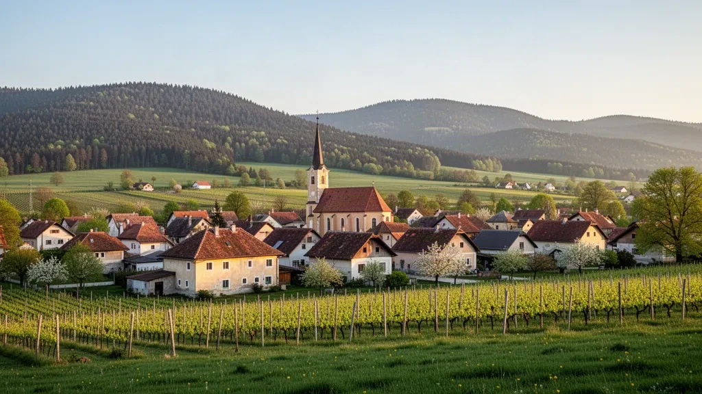 Village de Hoče à Hoče–Slivnica, en Slovénie, avec la flèche de son église paroissiale, des vignobles et les collines boisées du Pohorje en arrière-plan