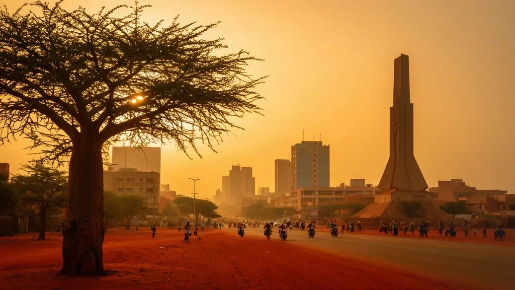 Vista a la hora dorada del horizonte de Uagadugú y el Monumento a los Héroes Nacionales elevándose sobre los baobabs en Burkina Faso