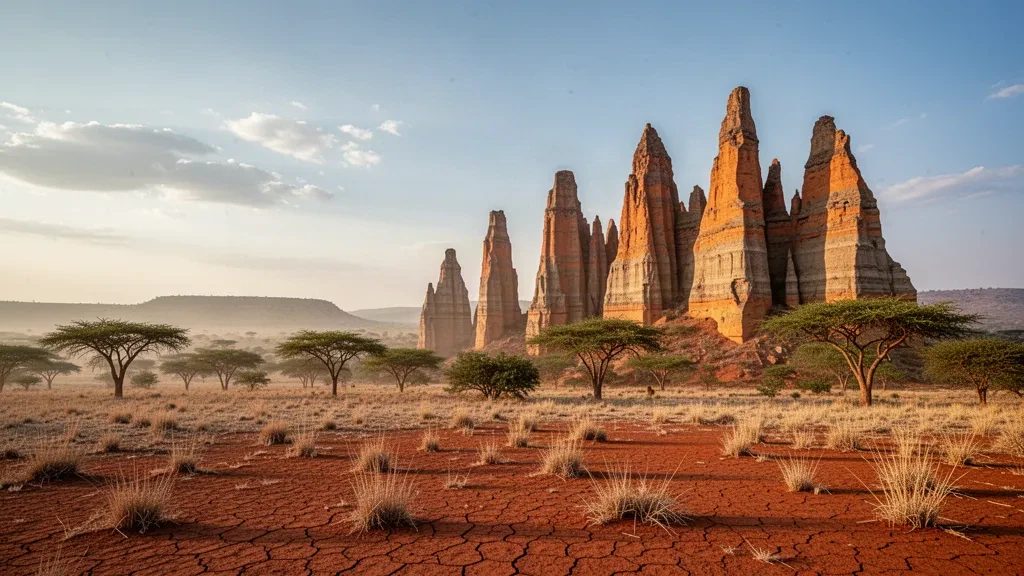 Agujas de arenisca erosionadas de los Picos de Sindou elevándose sobre la sabana seca cerca de Banfora, en el suroeste de Burkina Faso, bajo una cálida luz de tarde.