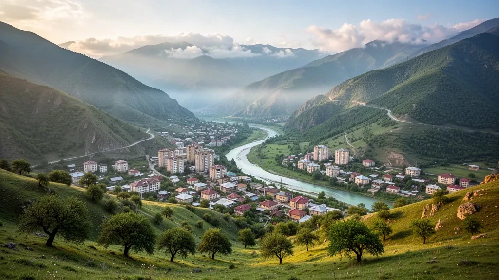 Lachin city in Azerbaijan set in a green mountain valley of the Lesser Caucasus with the Hakari River at golden hour