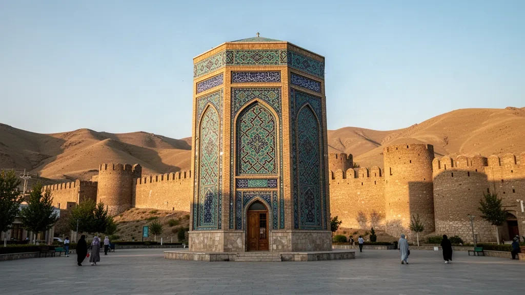 Azerbaycan'ın Nahçıvan şehrindeki Momine Hatun Anıtmezarı, tuğla kulesi ve turkuaz çini işçiliği sıcak akşamüstü ışığında parlıyor
