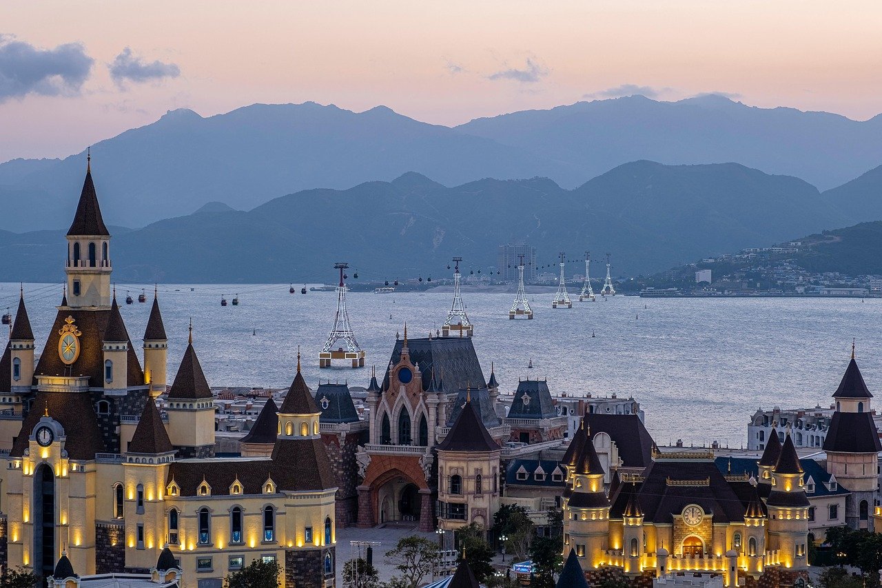 vinpearl land, parc à thème, coucher de soleil, nha trang, vietnam, île, nature, océan, complexe hôtelier, vacances, côte, séjour, paysage