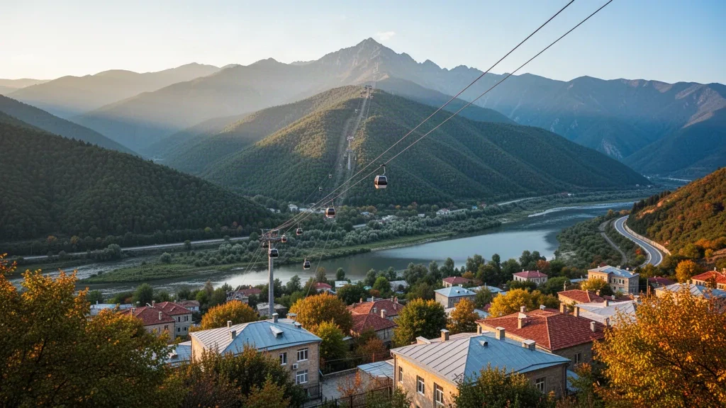 Azerbaycan'da Gabala, altın saatlerde yamaçlara tırmanan bir teleferikle ormanlık Büyük Kafkas Dağları ile çevrili