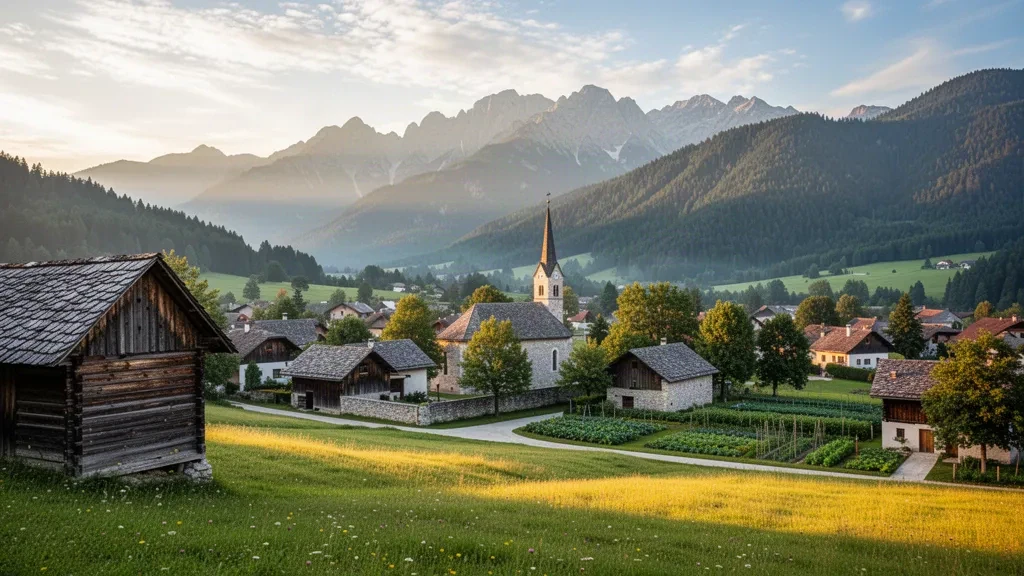 Village alpin de Žirovnica en Slovénie avec un clocher d'église en pierre, des râteliers à foin en bois et la crête des Karavanke dans une lumière dorée