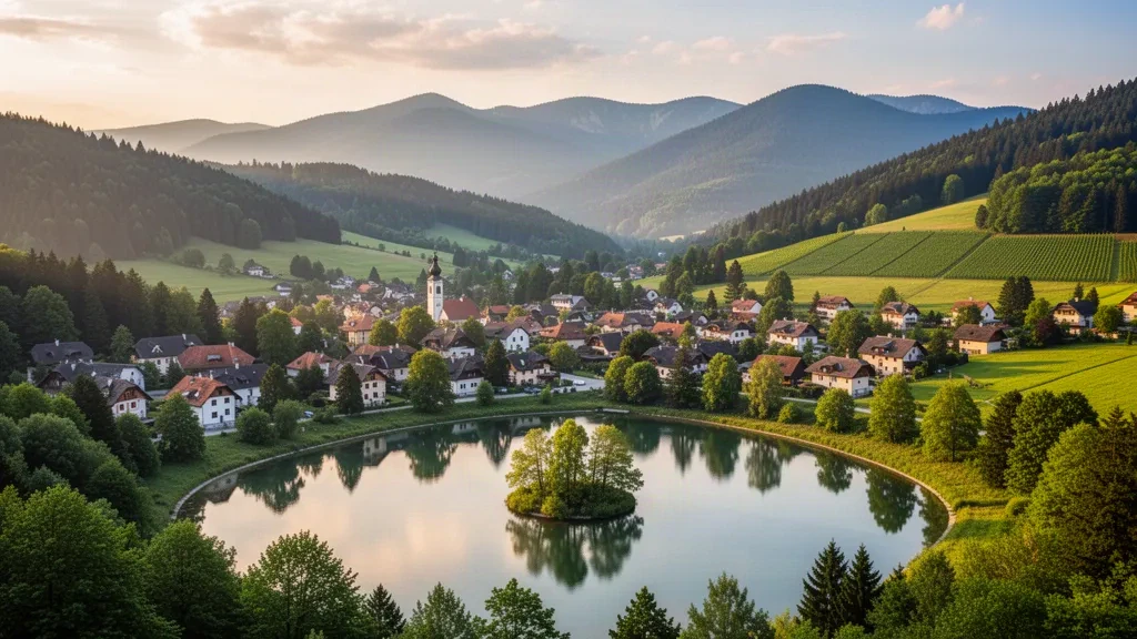 Slovenya'daki Zreče Gölü ve kaplıca kasabası üzerinde altın saatte ormanlık Pohorje tepeleri manzarası