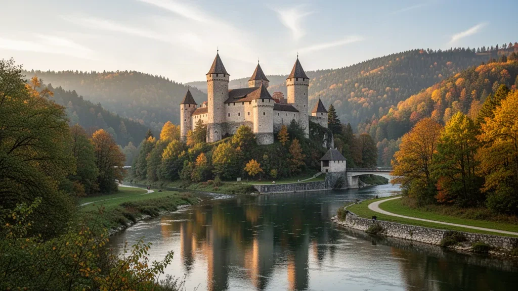 Schloss Žužemberk mit seinen Rundtürmen über dem Tal der Krka im Südosten Sloweniens