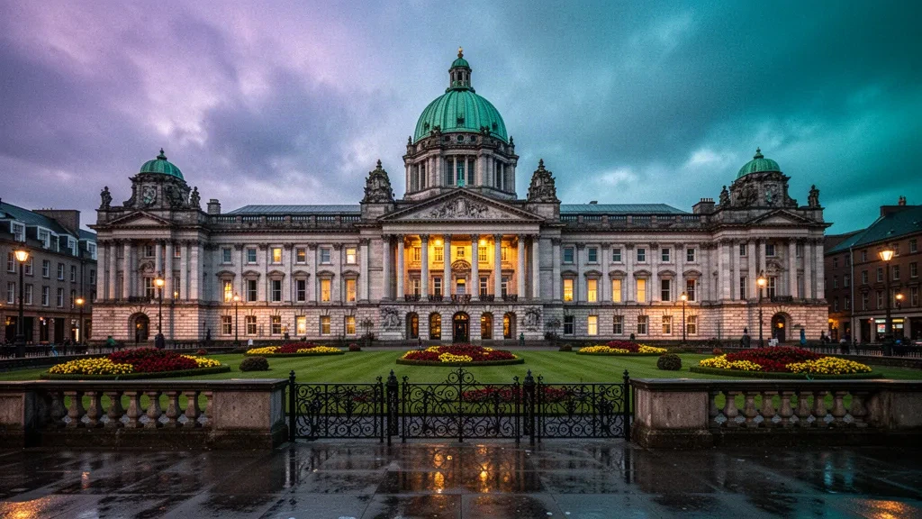 Das Belfast City Hall in der Dämmerung am Donegall Square, Nordirland, mit warmem Licht, Rasenflächen und Reflexionen auf nassem Pflaster