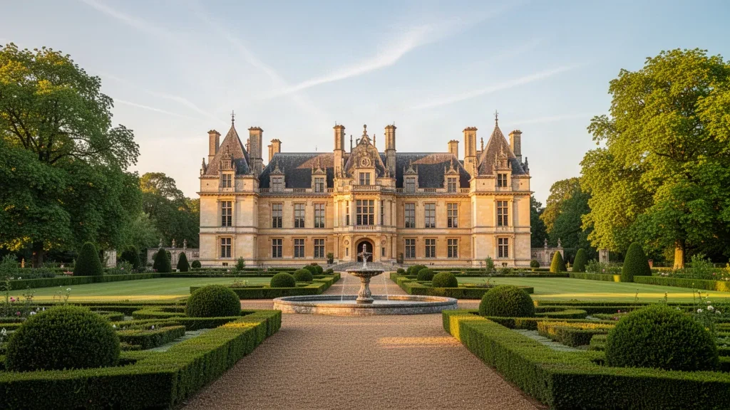 Waddesdon Manor, ein prächtiges Schloss im Renaissance-Stil in Buckinghamshire, England, umgeben von formellen Gärten zur goldenen Stunde.