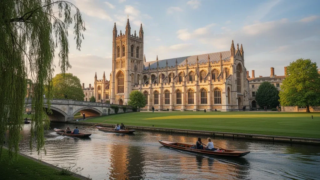 King's College Chapel e barche da punting sul River Cam a Cambridge, Cambridgeshire, Inghilterra durante l'ora d'oro