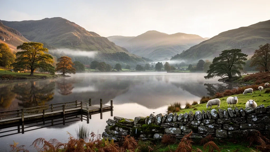 Blick zur goldenen Stunde über Derwentwater im Lake District, Cumbria, mit Bergen, die sich in stillem Wasser spiegeln, und einer Steinmauer am Ufer