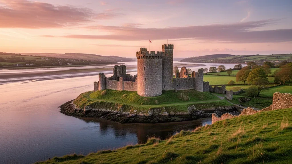 Ruinas del castillo de Flint con vistas al estuario del río Dee en Flintshire, Gales, a la hora dorada.