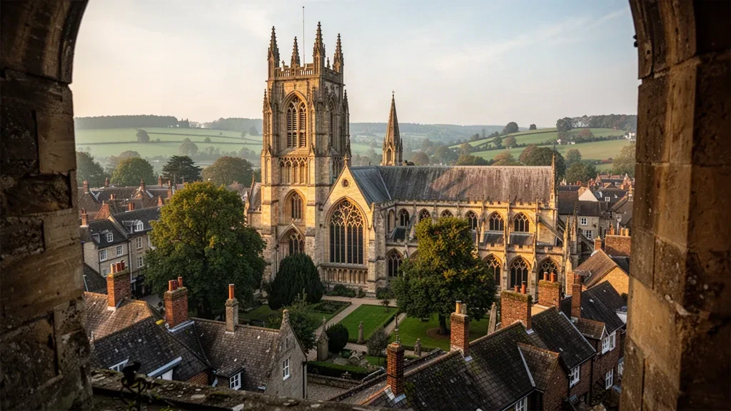 Las torres color miel de la Catedral de Gloucester elevándose sobre los tejados del histórico centro urbano de Gloucestershire, Inglaterra, con luz cálida de tarde