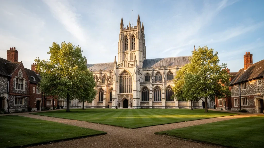 Die helle Kalksteinfassade und der Turm der Kathedrale von Winchester im gotischen Stil, die sich über grünen Rasenflächen in Hampshire, England, in weichem Nachmittagslicht erheben