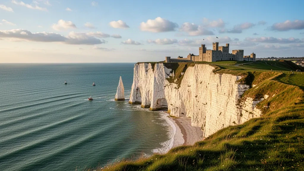 Acantilados Blancos de Dover elevándose sobre el Canal de la Mancha en Kent, Inglaterra, con el Castillo de Dover en lo alto del acantilado bajo una suave luz de tarde