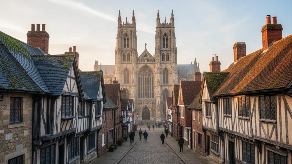 La cattedrale di York Minster che si erge sopra i tetti medievali e le strade acciottolate di York, Inghilterra, nella calda luce dell'ora d'oro