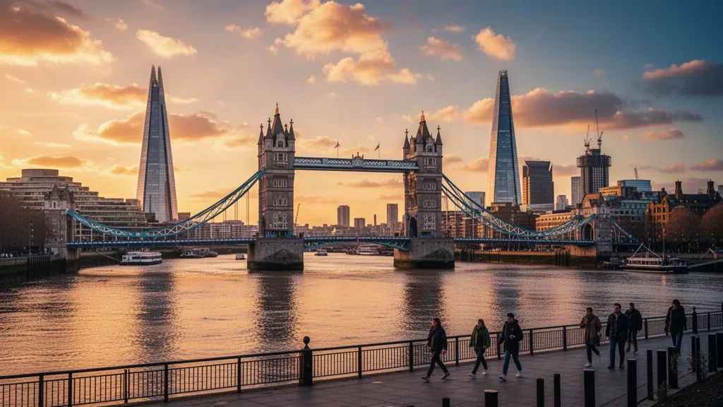 Tower Bridge che attraversa il fiume Tamigi a Londra, in Inghilterra, durante l'ora d'oro con lo skyline della città e riflessi caldi.