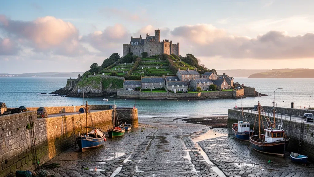 Il castello di St Michael's Mount e la strada rialzata soggetta alle maree che emerge da Mount's Bay sulla costa della Cornovaglia durante l'ora d'oro