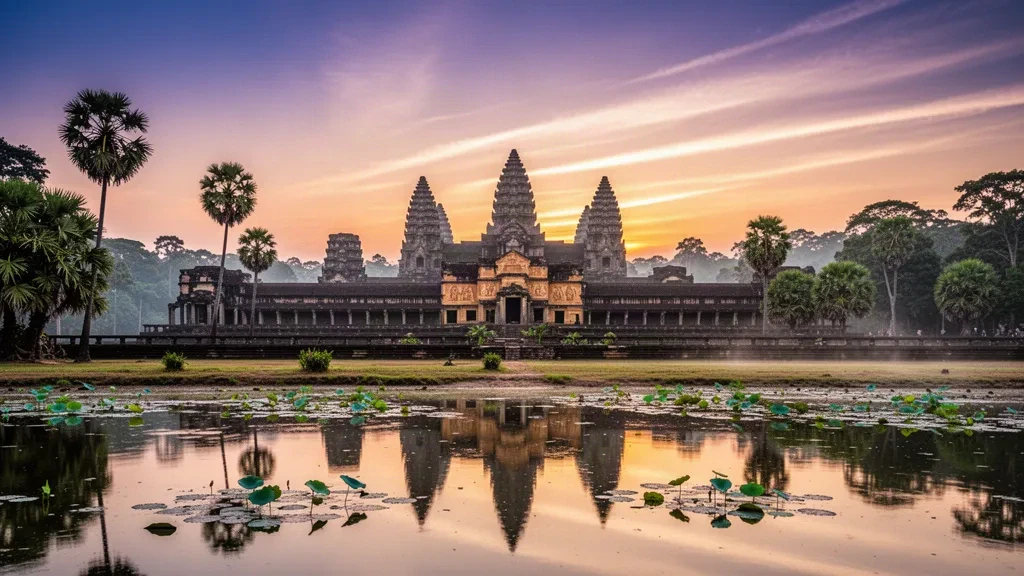 Tours du temple d'Angkor Wat se reflétant dans un bassin de lotus au lever du soleil à Siem Reap, au Cambodge, encadrées de palmiers tropicaux