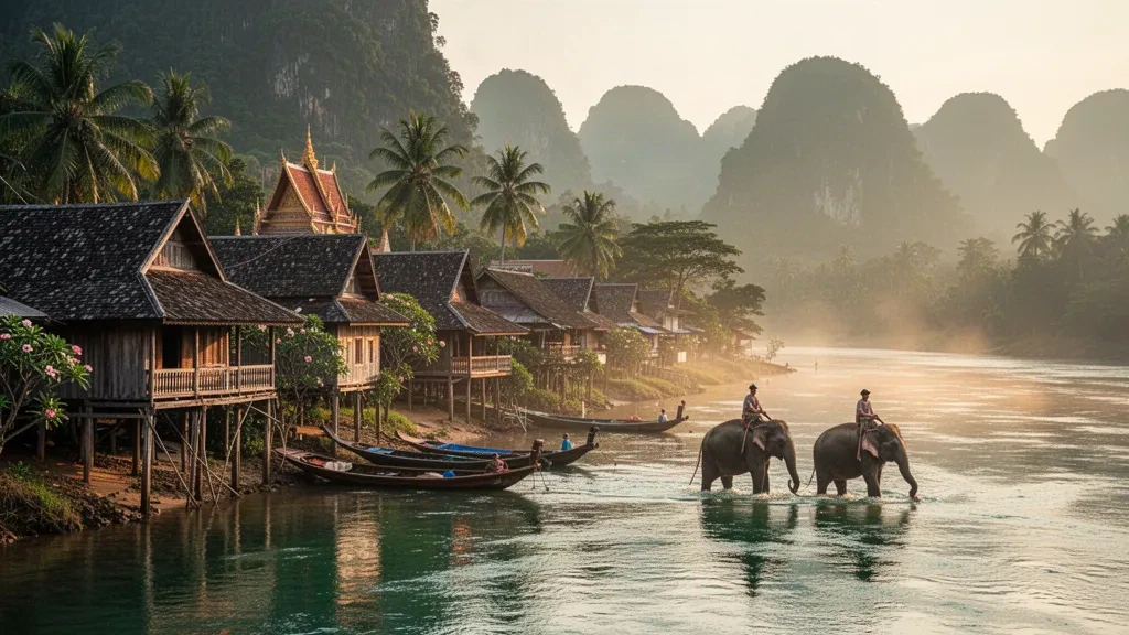 Laos, Sainyabuli'nin altın saat manzarası; Nam Houng Nehri boyunca ahşap yüksek evler, filler ve ötede ormanlık tepeler