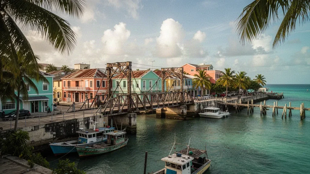 Belize City sahil şeridi, Haulover Creek üzerindeki tarihi Swing Bridge ve altın saatte renkli Karayip sömürge binaları