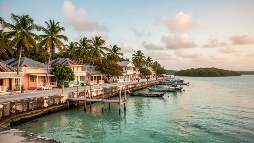 Lungomare della baia di Corozal in Belize con palme, edifici dai colori pastello e calme acque caraibiche turchesi durante l'ora d'oro