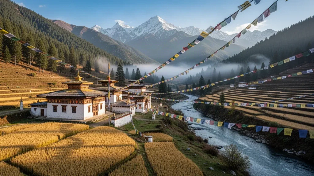 Vue panoramique de la vallée de Bumthang au Bhoutan avec le monastère de Kurjey Lhakhang, des drapeaux de prière et les contreforts de l'Himalaya.