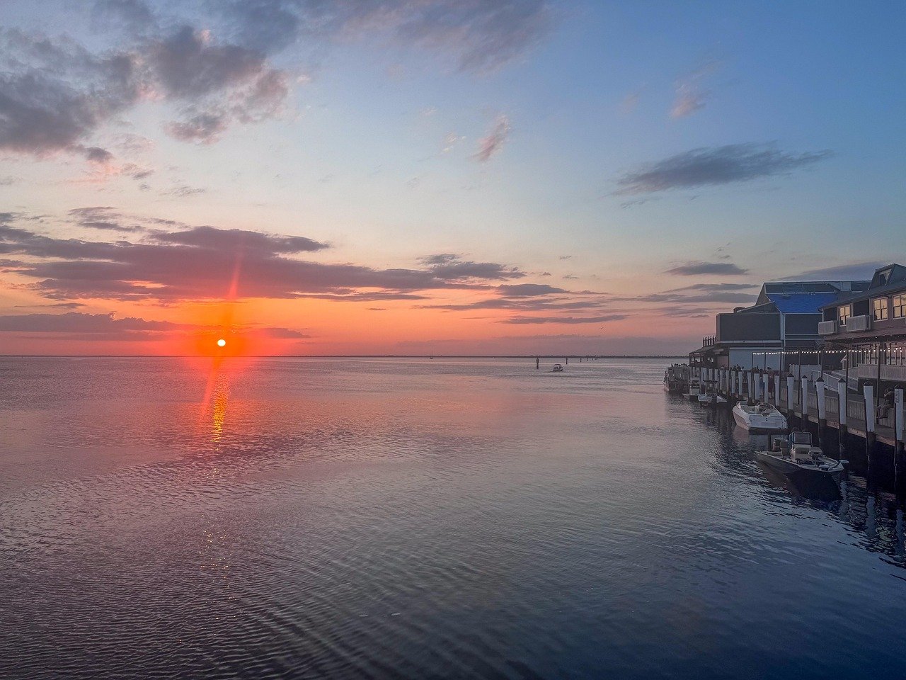 coucher de soleil, quai des pêcheurs, Floride, Punta Gorda, nature, nuages, ciel, mer, océan