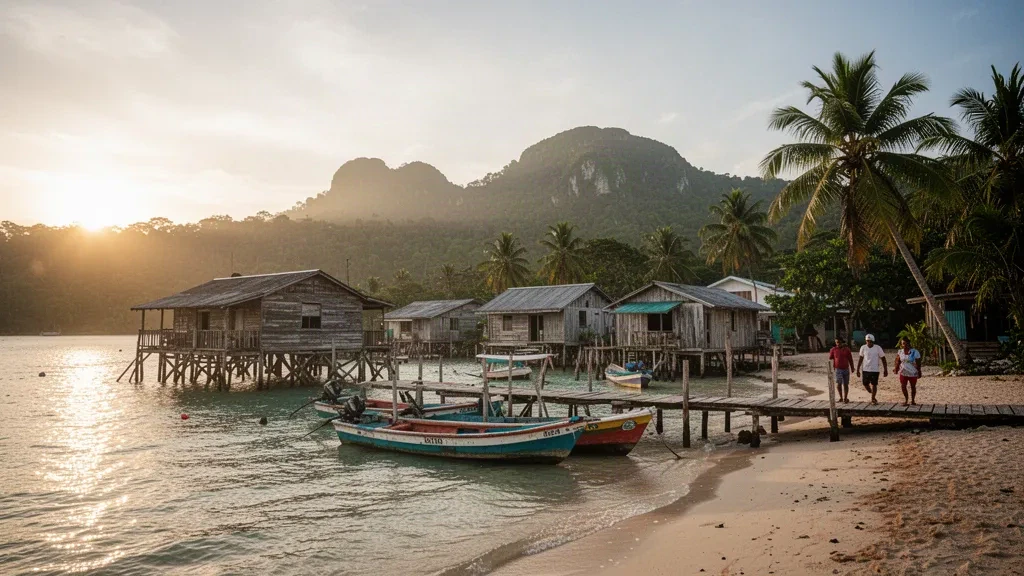 Lungomare di Punta Gorda nel Distretto di Toledo, Belize, con case su palafitte, palme e barche da pesca sul Mar dei Caraibi