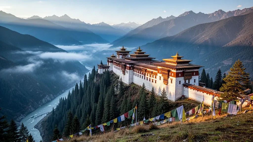 Dzong de Trongsa en Bután encaramado sobre el desfiladero del Mangde Chhu, enmarcado por brumosas crestas del Himalaya y banderas de oración al amanecer