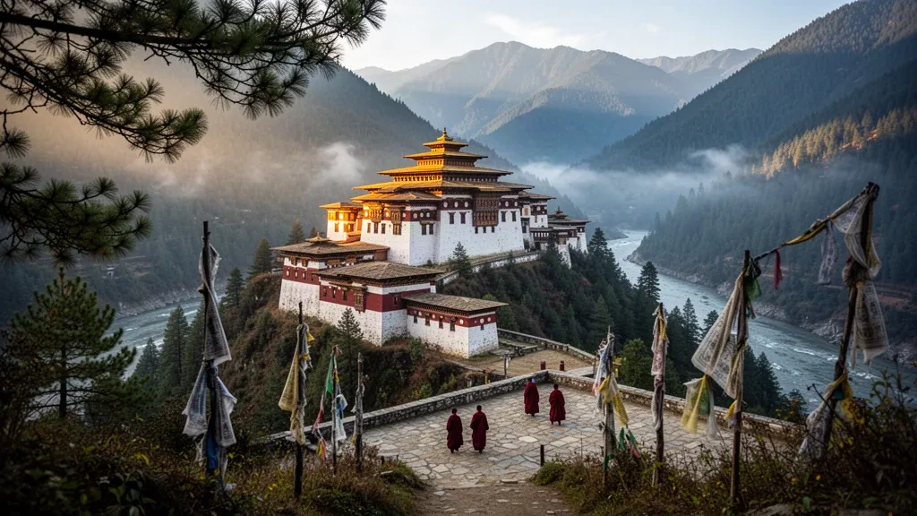 Wangdue Phodrang Dzong au Bhoutan sur une crête boisée au-dessus du confluent des rivières, entouré de contreforts himalayens brumeux à l'aube