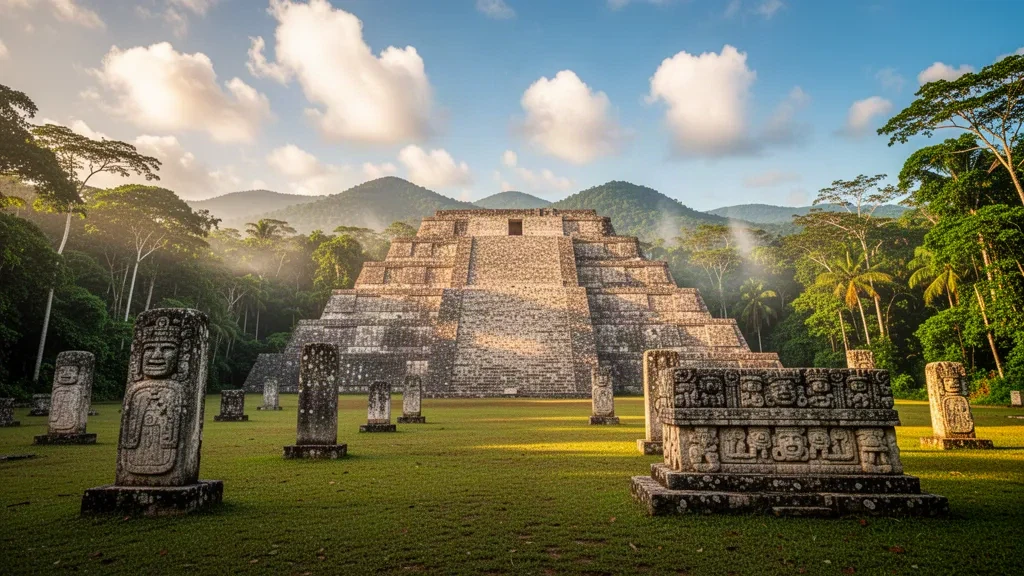 Pirámide de El Castillo en Xunantunich elevándose sobre la selva en el distrito de Cayo, Belice, bajo la cálida luz de la mañana