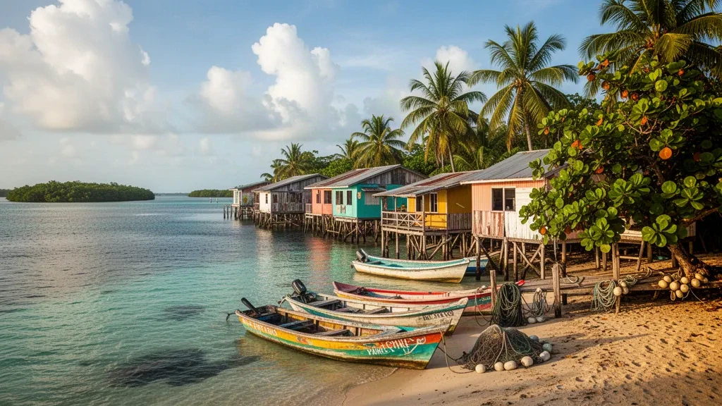 Case in legno su palafitte colorate e barche da pesca lungo il lungomare caraibico di Dangriga nel Distretto di Stann Creek, Belize