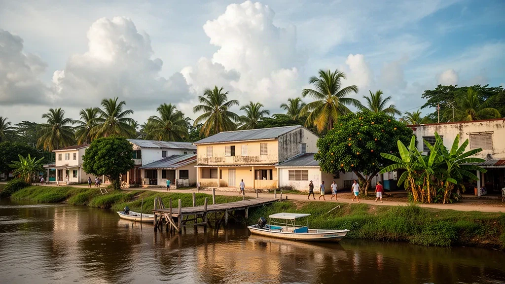 Vista ribereña de Orange Walk Town, Belice, con muelles de madera, pequeñas embarcaciones y palmeras tropicales a lo largo del New River bajo una cálida luz de tarde
