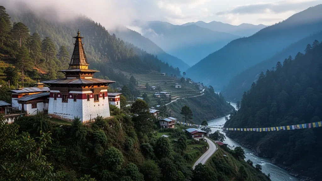 Zhemgang Dzong au-dessus de la vallée boisée de la Mangde Chhu dans le centre du Bhoutan, avec des crêtes himalayennes brumeuses et des drapeaux à prières