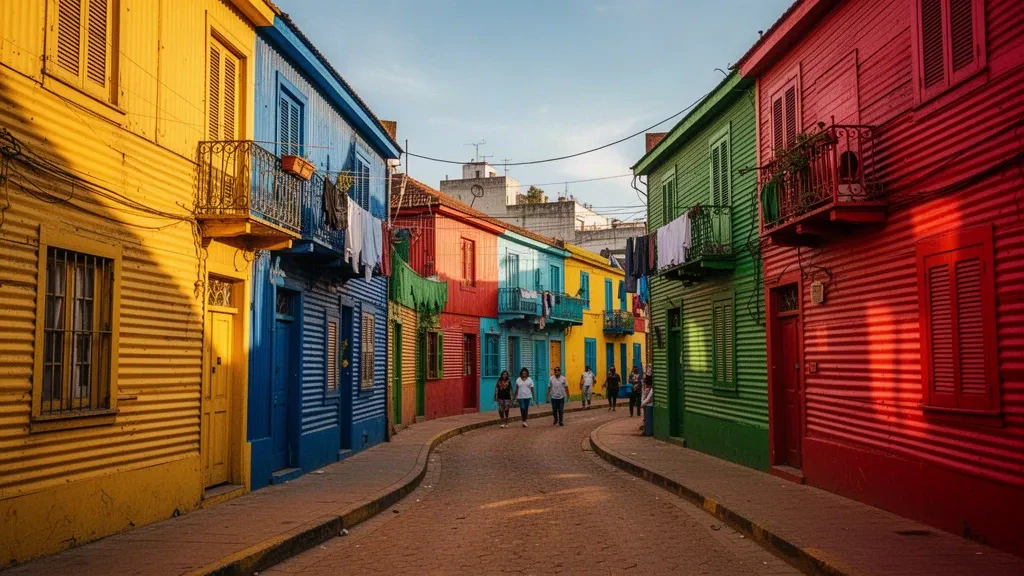 Maisons colorées le long de la rue Caminito à La Boca, Buenos Aires, sous une lumière de fin d'après-midi