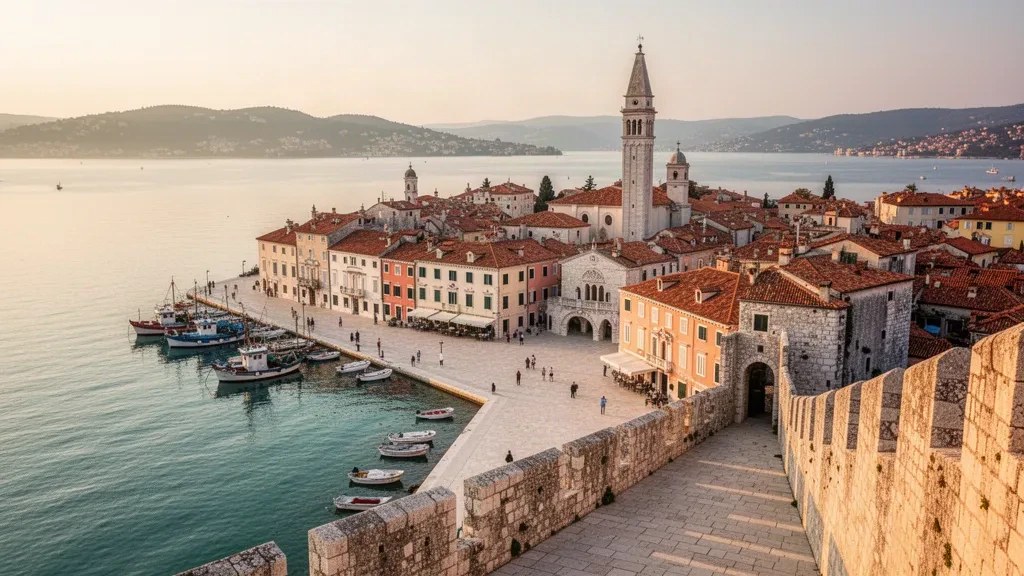 Elevated view of Piran, Slovenia with Tartini Square rooftops, St. George's bell tower and the Adriatic Sea at golden hour