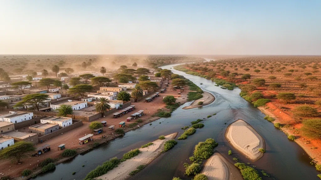 Shabelle River winding past low-rise buildings and acacia trees in Beledweyne, capital of Somalia's Hiran region, at golden hour