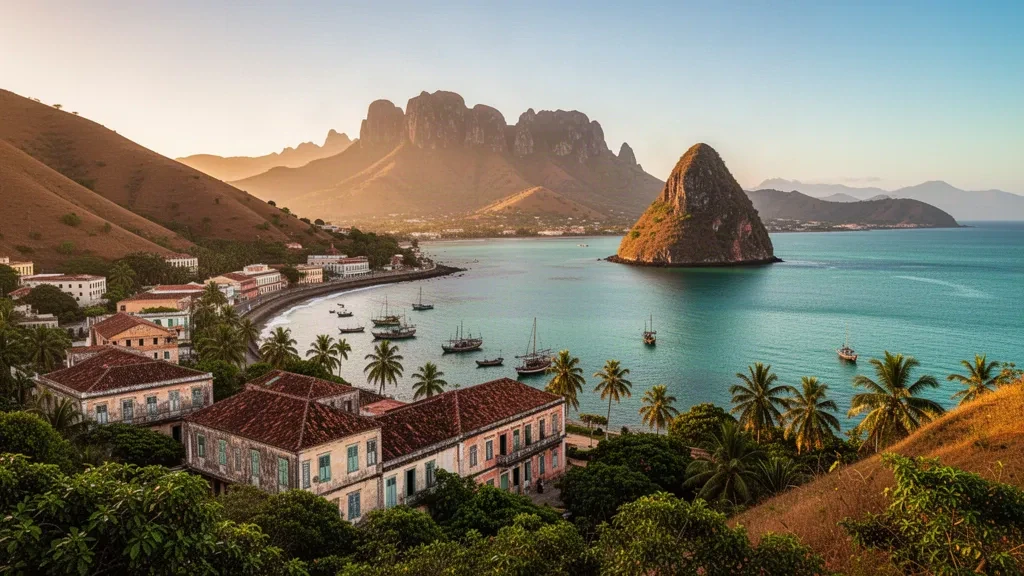 Panoramic view of Antsiranana's turquoise bay in Madagascar with the Sugar Loaf islet and colonial waterfront at golden hour