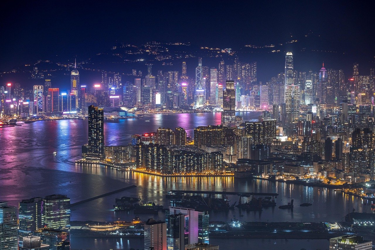 grattacieli, edifici, porto, skyline, vista notturna, notte, città, Victoria Harbour, Hong Kong, panorama urbano, viaggio, città, città, Hong Kong, Hong Kong, Hong Kong, Hong Kong, Hong Kong