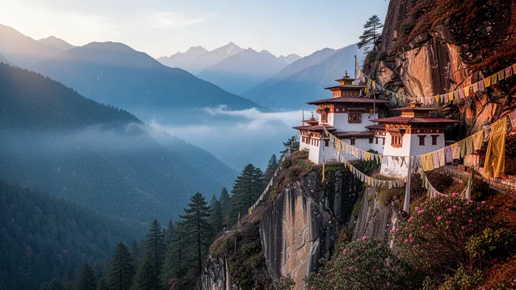 Tiger's Nest Monastery perched on a cliff above the misty Paro Valley in Bhutan at sunrise
