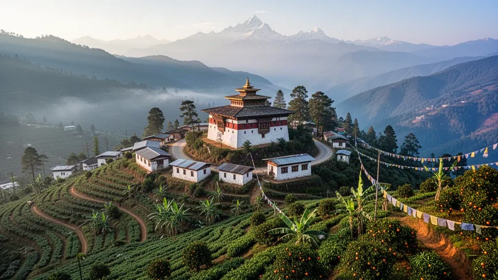 Tsirang Dzong above Damphu town surrounded by terraced green hills and misty valleys in southern Bhutan
