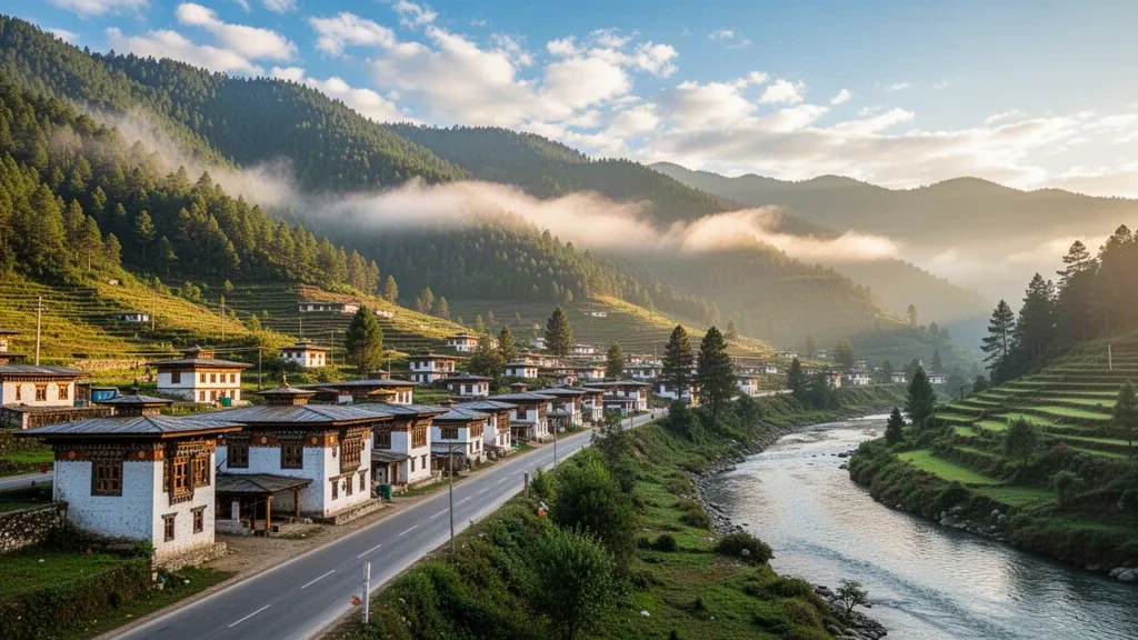 Scenic view of Sarpang town in Bhutan, with traditional buildings, green hills, and the Sarpang River under soft morning light.