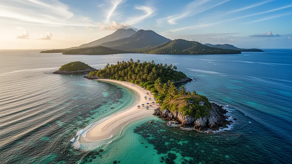 Vue aérienne de l'île de Sambawan à Biliran, aux Philippines, avec un banc de sable blanc incurvé, une mer turquoise et des collines tropicales verdoyantes à l'heure dorée