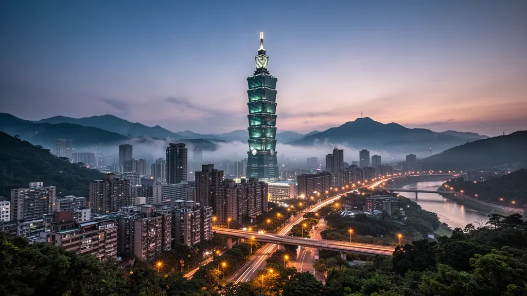 Panorama de Taipei au crépuscule avec la tour Taipei 101 s'élevant au-dessus de la ville, encadrée par des collines verdoyantes et des crêtes montagneuses à Taïwan.