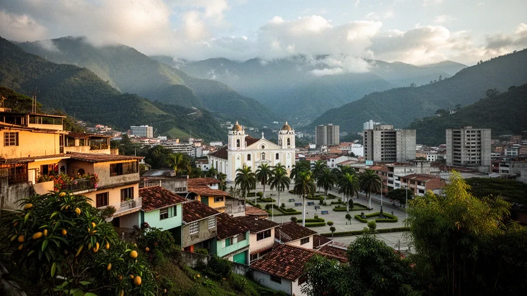 Panorama collinare di Los Teques, capoluogo dello Stato di Miranda in Venezuela, con tetti in terracotta, una chiesa bianca e le verdi creste della Cordillera de la Costa