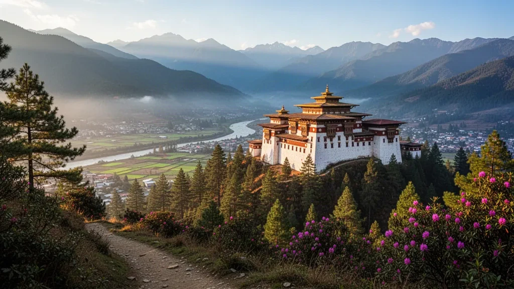 La fortezza di Trashigang Dzong in bilico sopra la valle del fiume Gamri nel Bhutan orientale, circondata da colline himalayane boscose.
